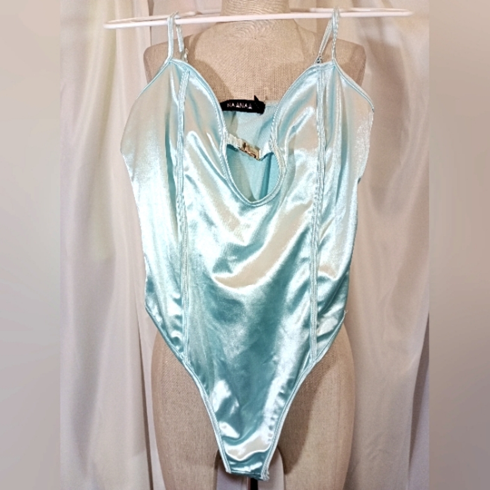 NaaNaa TAG Body Suit, Women, Aqua Blue Satin, Straps, Snap Closure, 8